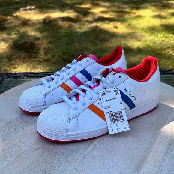 Adidas Originals Women’s Superstar Shoes White Red Navy Pink Orange ID9774 Sz 10 - Picture 2 of 14